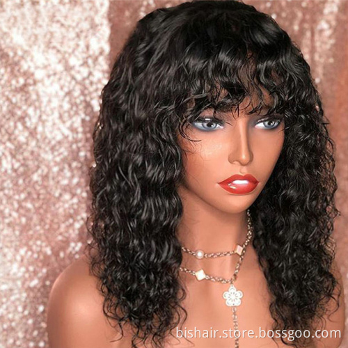 BIS Wholesale Brazilian Water Wave Human Hair Wigs With Bangs Full Machine Made Wigs For Women Remy Pixie Cut Bob Wig With Bang